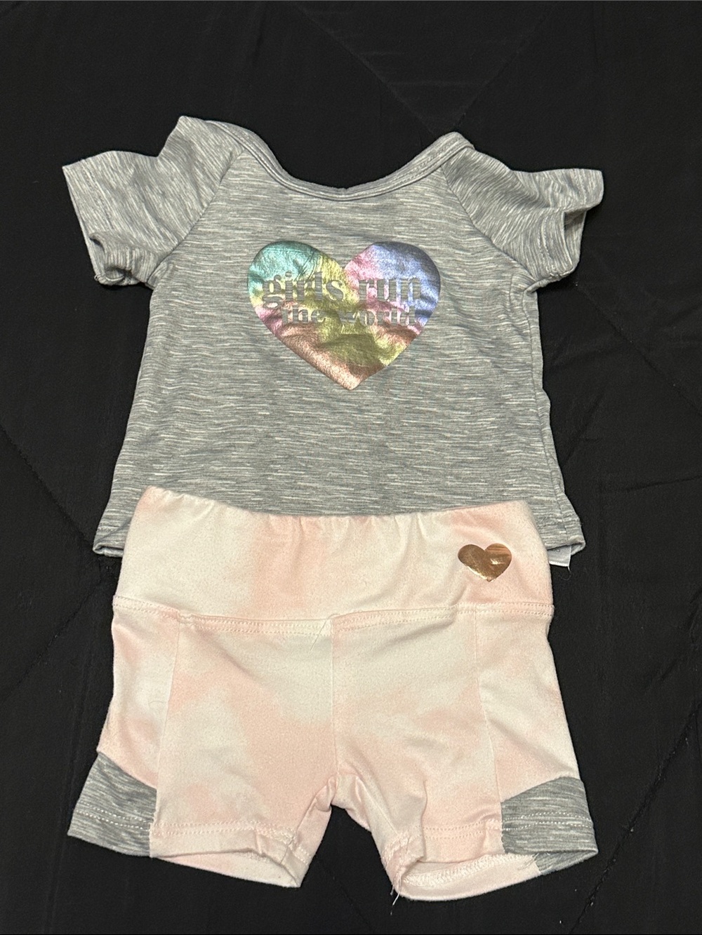 Girls Grey Top and Pink Shorts Matching Set with Multicolor Heart